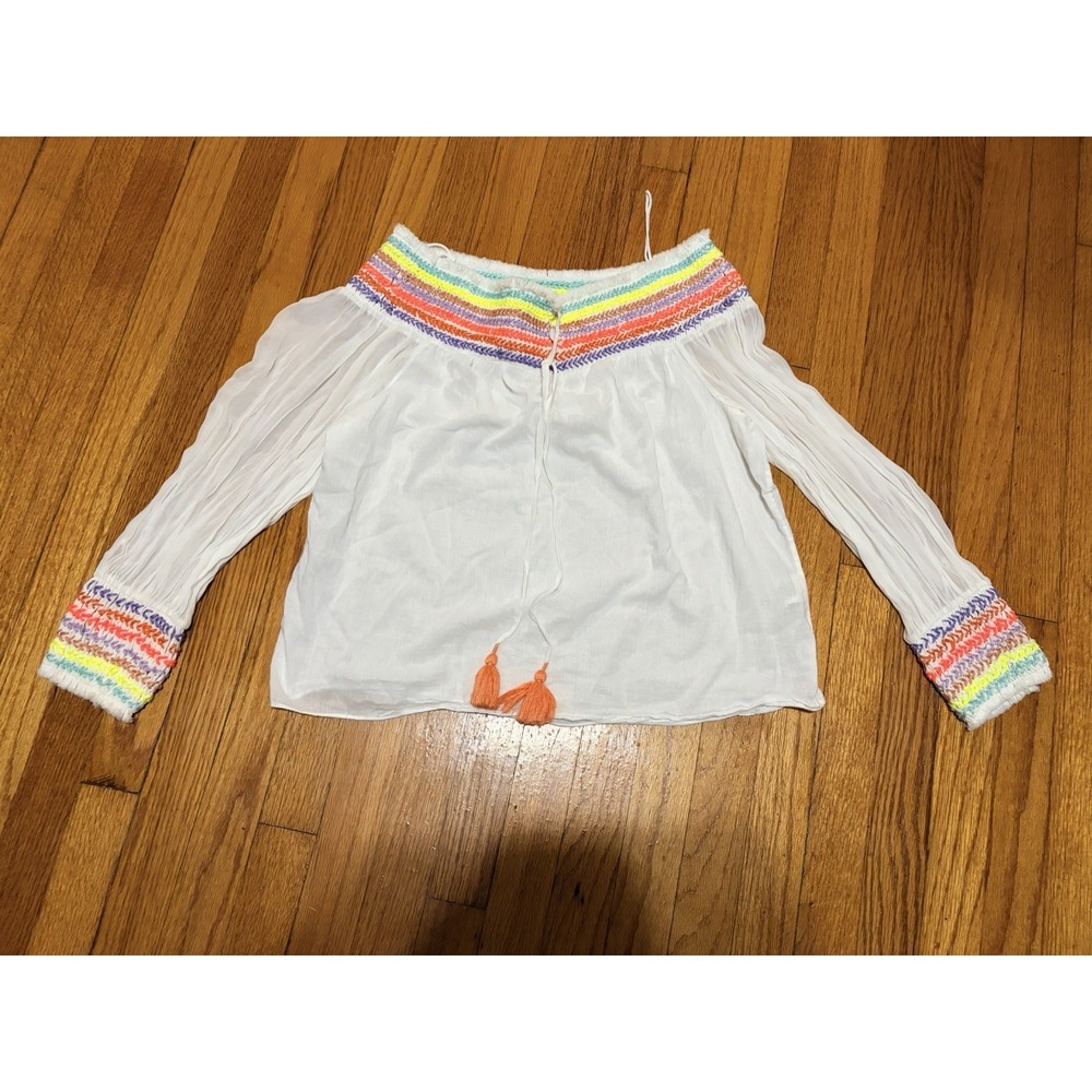 Alice + Olivia Sharyl Rainbow Peasant Top $395 M L Embroidered Blouse Off Shldr